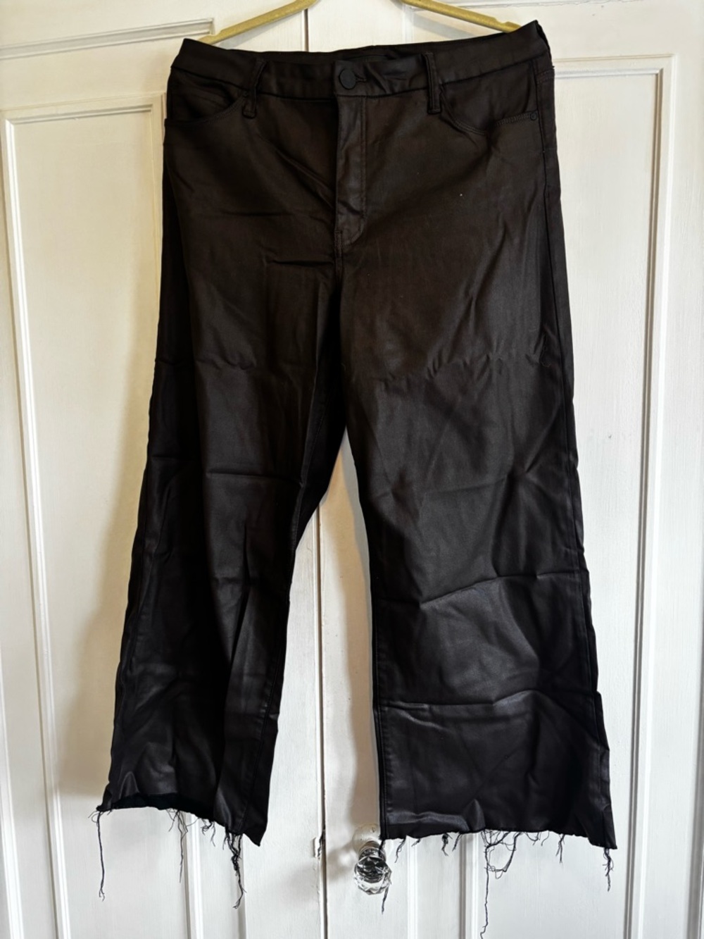 Coated Brown Wide-Leg Distressed Hem Cropped Pants